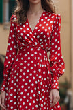 Röd och vit Chiffong V-ringad A-linje Långärmad Polka Dots Klänning