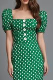 Grön Satin Fyrkantig hals Slida Tea Längd Polka Dots Klänning