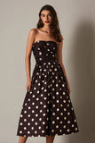 Mörkbrun Satin Axelbandslös A-linje Polka Dots Klänning