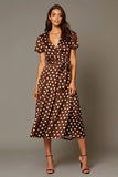 Brun Satäng A-linjeformad V-ringning Telängd Polka Dots Klänning