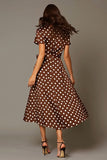 Brun Satäng A-linjeformad V-ringning Telängd Polka Dots Klänning