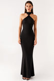 Halter Mermaid Bodycon Lång Svart Slips Klänning