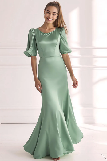 Champagne Mermaid Satin Lång Formell Klänning Med Korta Ärmar
