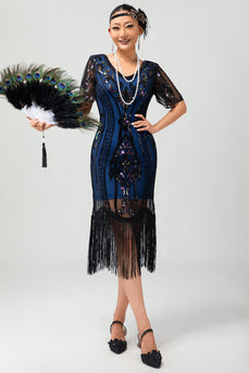 Svart Blå Paljett Fringe Scoop Neck 1920-talet Klänning med 5-Delat Tillbehörsset