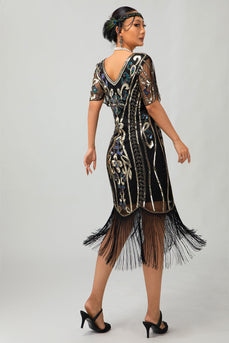 Glittrande Flapper Svart Gyllene Paljett Bodycon Fransade 1920-talet Klänning