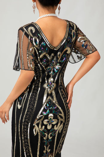 Glittrande Flapper Svart Gyllene Paljett Bodycon Fransade 1920-talet Klänning