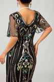Glittrande Flapper Svart Gyllene Paljett Bodycon Fransade 1920-talet Klänning