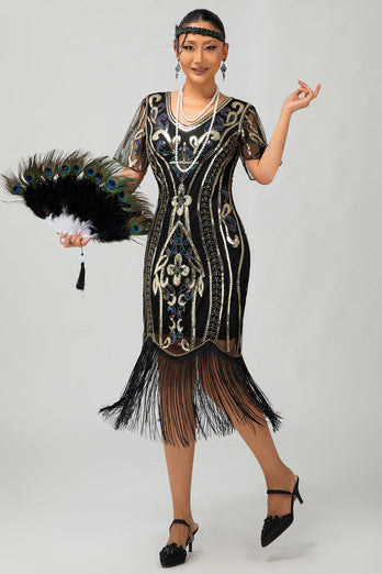 Glittrande Flapper Svart Gyllene Paljett Bodycon Fransade 1920-talet Klänning