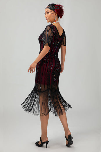 Flapper Vinröd Paljett Bodycon Fransade 1920-talet Klänning
