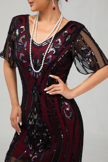 Flapper Vinröd Paljett Bodycon Fransade 1920-talet Klänning