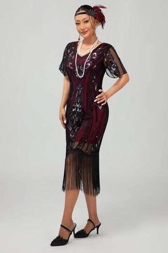 Flapper Vinröd Paljett Bodycon Fransade 1920-talet Klänning