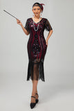 Flapper Vinröd Paljett Bodycon Fransade 1920-talet Klänning