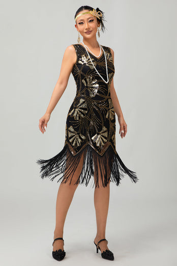 Röd Gyllene Paljett 1920-talet V hals Bodycon Flapper Klänning med tofsar