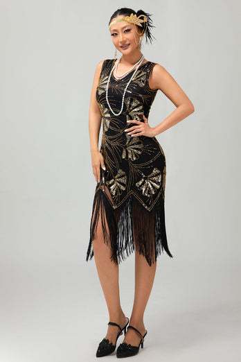 Röd Gyllene Paljett 1920-talet V hals Bodycon Flapper Klänning med tofsar