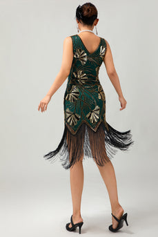 Grön Gyllene Paljett V-hals Bodycon 1920-talet Flapper Klänning med tofsar