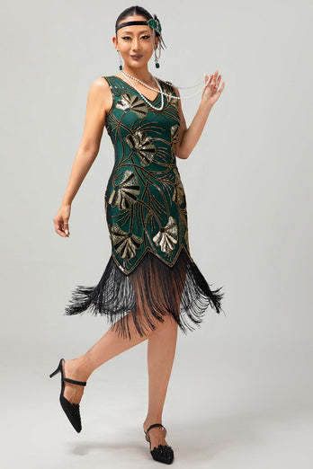 Grön Gyllene Paljett V-hals Bodycon 1920-talet Flapper Klänning med tofsar