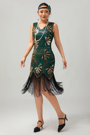 Grön Gyllene Paljett V-hals Bodycon 1920-talet Flapper Klänning med tofsar