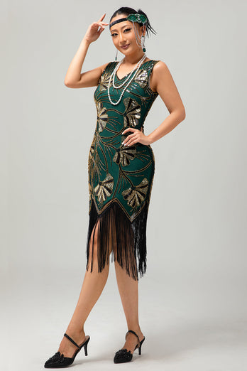 Grön Gyllene Paljett V-hals Bodycon 1920-talet Flapper Klänning med tofsar