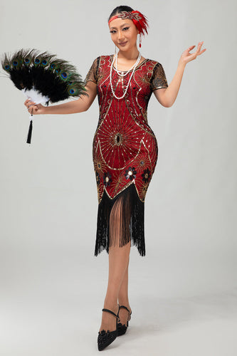 Gatsby Svart Röd Scoop Fransad Bodycon1920-talet Klänning med Paljetter