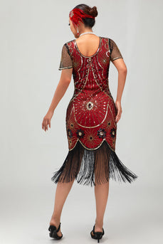 Gatsby Svart Röd Scoop Fransad Bodycon1920-talet Klänning med Paljetter