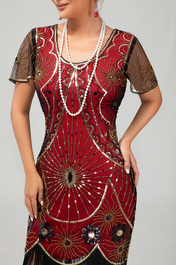 Pärlstav Svart Gyllene Fransar Bodycon 1920-talet Klänning