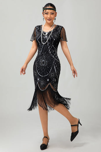Gatsby Svart Röd Scoop Fransad Bodycon1920-talet Klänning med Paljetter
