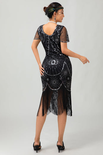 Gatsby Svart Röd Scoop Fransad Bodycon1920-talet Klänning med Paljetter
