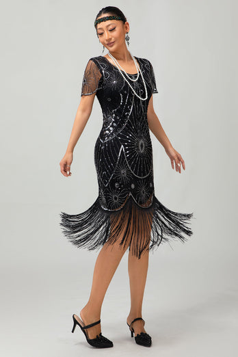 Gatsby Svart Röd Scoop Fransad Bodycon1920-talet Klänning med Paljetter