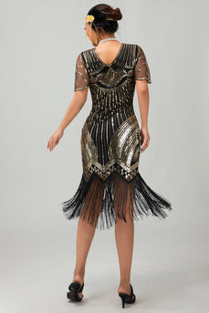 Svart Gyllene Paljett Bodycon 1920-talet Flapper Klänning med tofsar