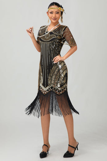 Svart Gyllene Paljett Bodycon 1920-talet Flapper Klänning med tofsar