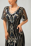 Svart Gyllene Paljetter Bodycon 1920-talsklänning med 5-delat tillbehörsset