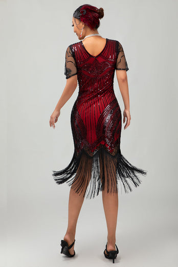 Svart Silver Paljett V-hals Bodycon 1920-tal Klänning med tofsar