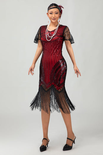 Svart Gyllene Paljett Bodycon 1920-talet Flapper Klänning med tofsar