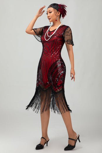 Svart Gyllene Paljett Bodycon 1920-talet Flapper Klänning med tofsar