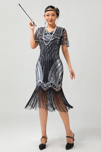 Svart Silver Paljett V-hals Bodycon 1920-tal Klänning med tofsar