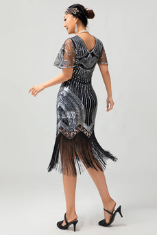 Svart Silver Paljett V-hals Bodycon 1920-tal Klänning med tofsar