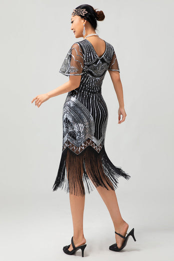 Svart Gyllene Paljett Bodycon 1920-talet Flapper Klänning med tofsar