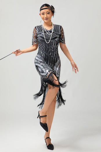 Svart Gyllene Paljett Bodycon 1920-talet Flapper Klänning med tofsar