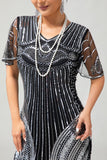 Svart Silver Paljett V-hals Bodycon 1920-tal Klänning med tofsar
