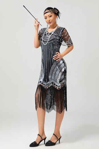 Svart Silver Paljett V-hals Bodycon 1920-tal Klänning med tofsar