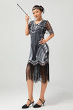 Svart Silver Paljett V-hals Bodycon 1920-tal Klänning med tofsar