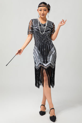 Svart Silver Paljett V-hals Bodycon 1920-tal Klänning med tofsar