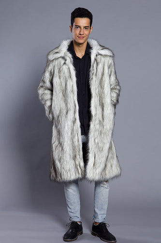 Vit Grå Lång Front Öppen Pikékrage Päls Coat