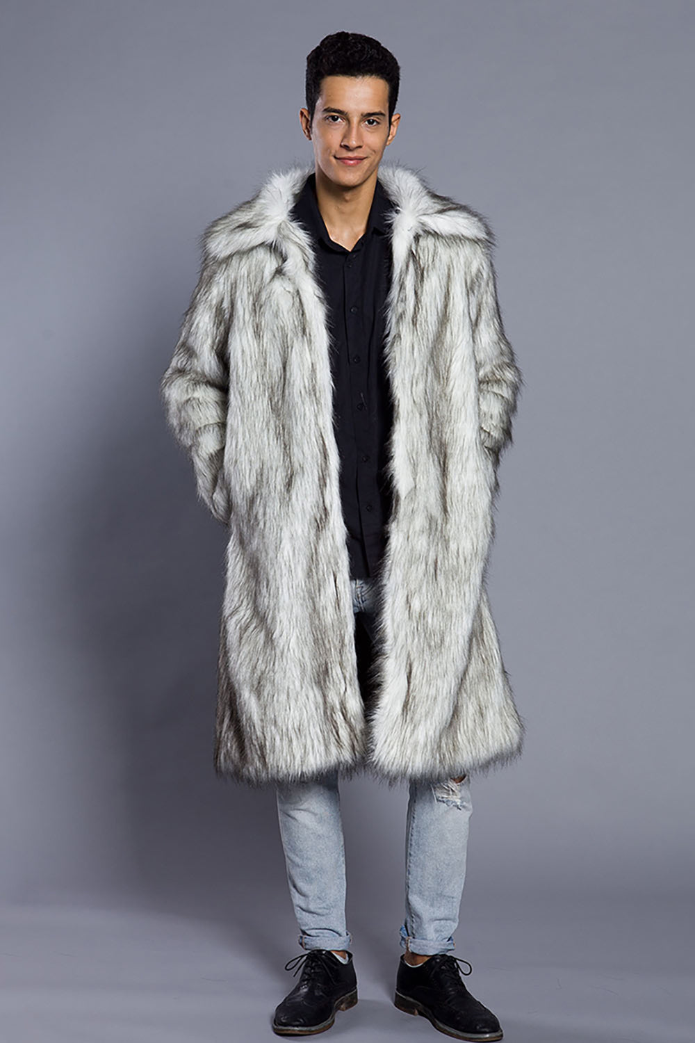 Vit Grå Lång Front Öppen Pikékrage Päls Coat