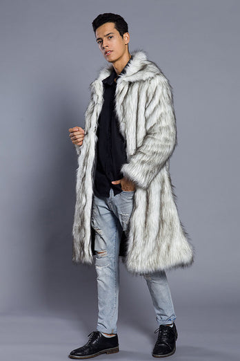 Vit Grå Lång Front Öppen Pikékrage Päls Coat