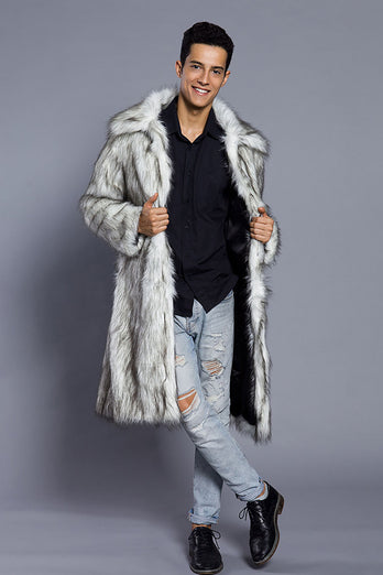 Vit Grå Lång Front Öppen Pikékrage Päls Coat