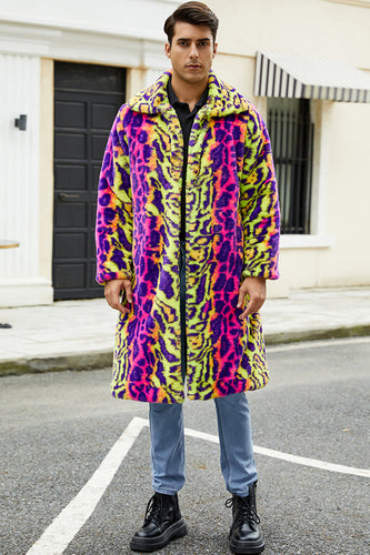 Färgglada Leopard Lång Fuskpäls Vinter Mäns Kappa
