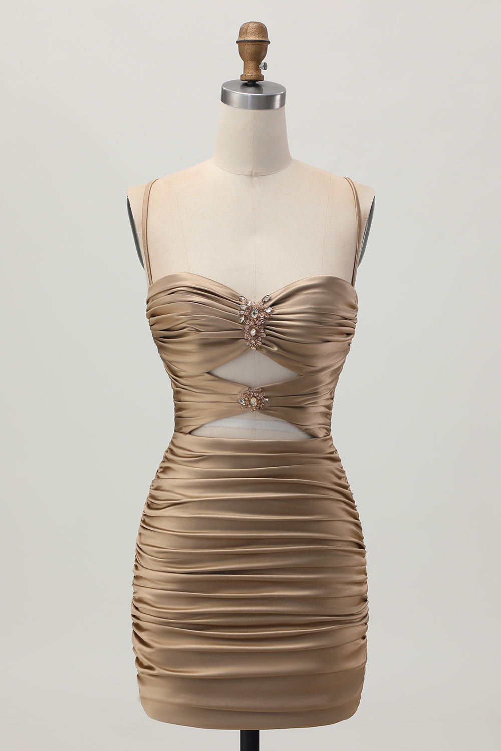 Mörk Khaki Rynkad Cut-Out Tight Mini Homecoming Klänning med Snörning Upp Tillbaka