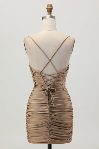 Mörk Khaki Rynkad Cut-Out Tight Mini Homecoming Klänning med Snörning Upp Tillbaka