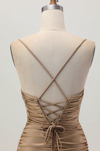 Mörk Khaki Rynkad Cut-Out Tight Mini Homecoming Klänning med Snörning Upp Tillbaka